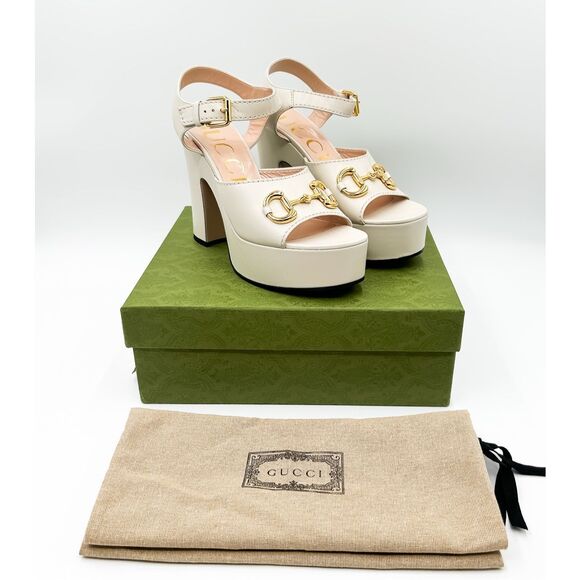 Gucci Baby Horsebit Platform Sandal Mystic White Heels New EU 41 US 11